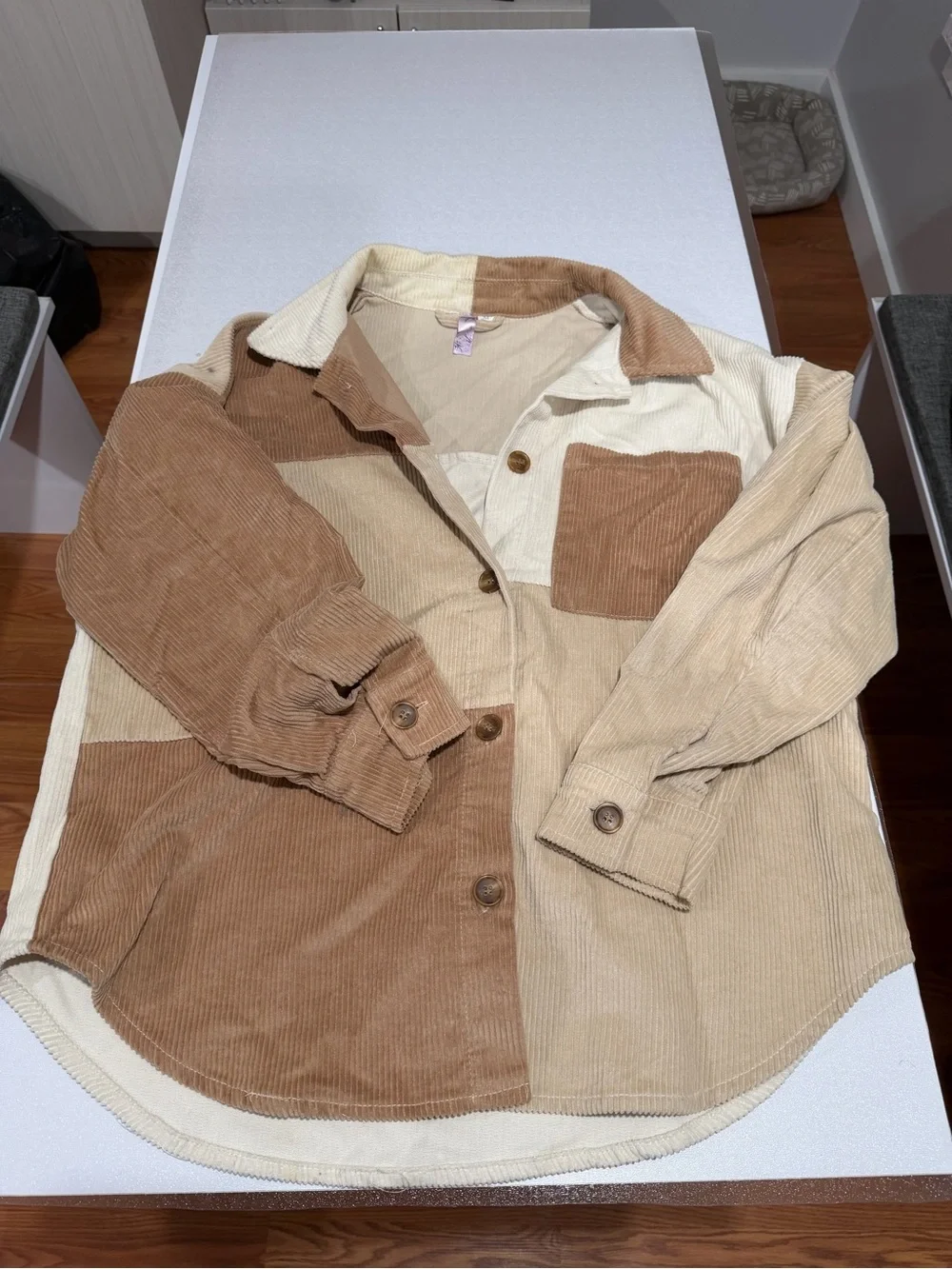 Alya Two-Tone Corduroy Shirt Jacket in Cream and Tan - Picture 1 of 3